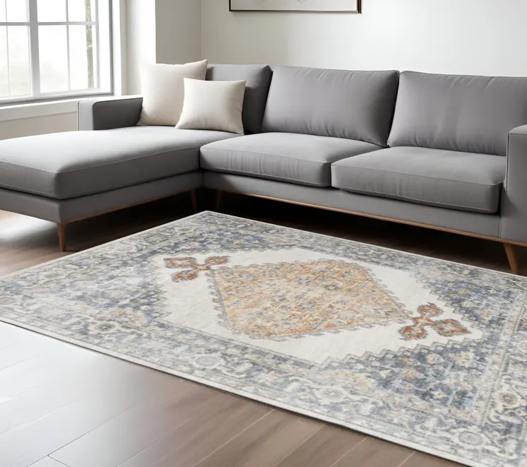 8' X 10' Gray And Gold Floral Medallion Distressed Washable Area Rug
