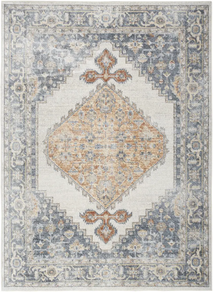 8' X 10' Gray And Gold Floral Medallion Distressed Washable Area Rug