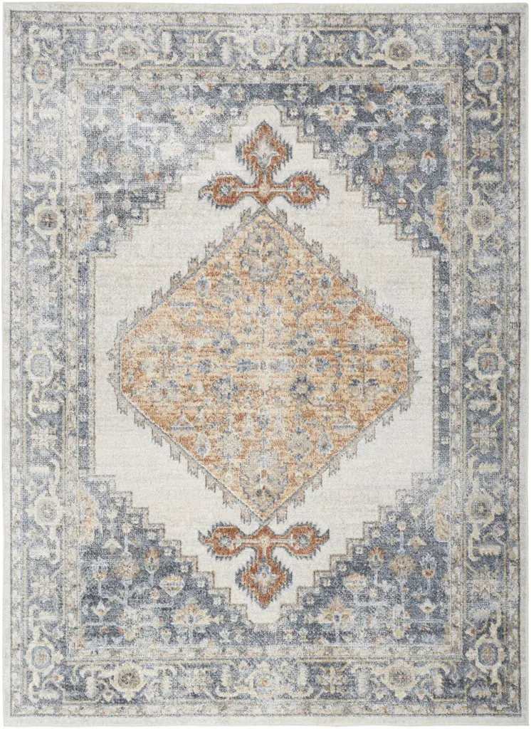 8' X 10' Gray And Gold Floral Medallion Distressed Washable Area Rug