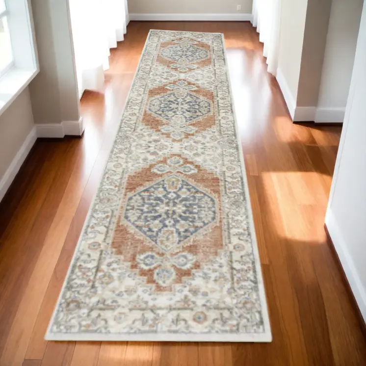 10' Gray And Ivory Oriental Distressed Washable Runner Rug