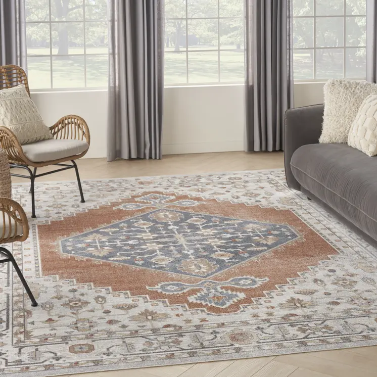 8' X 10' Gray Orange And Ivory Floral Medallion Distressed Washable Area Rug