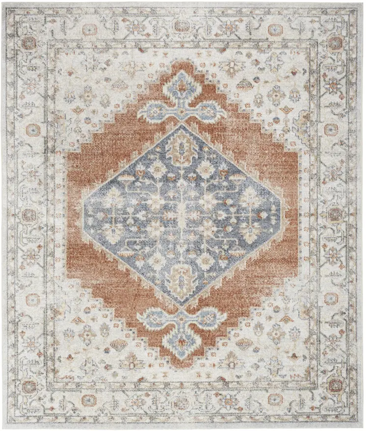 8' X 10' Gray Orange And Ivory Floral Medallion Distressed Washable Area Rug