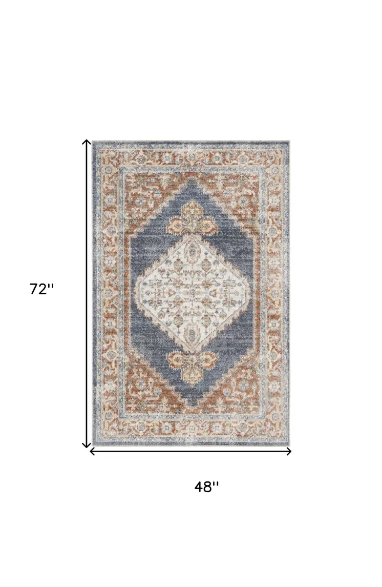 4' X 6' Denim Blue Oriental Power Loom Distressed Washable Area Rug