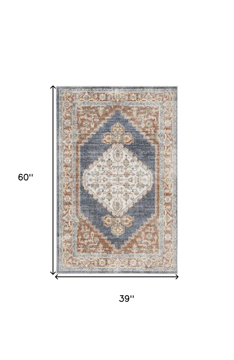3' X 5' Denim Blue Oriental Power Loom Distressed Washable Area Rug