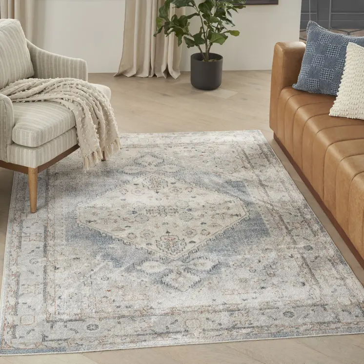 7' X 9' Light Blue Oriental Power Loom Distressed Washable Area Rug