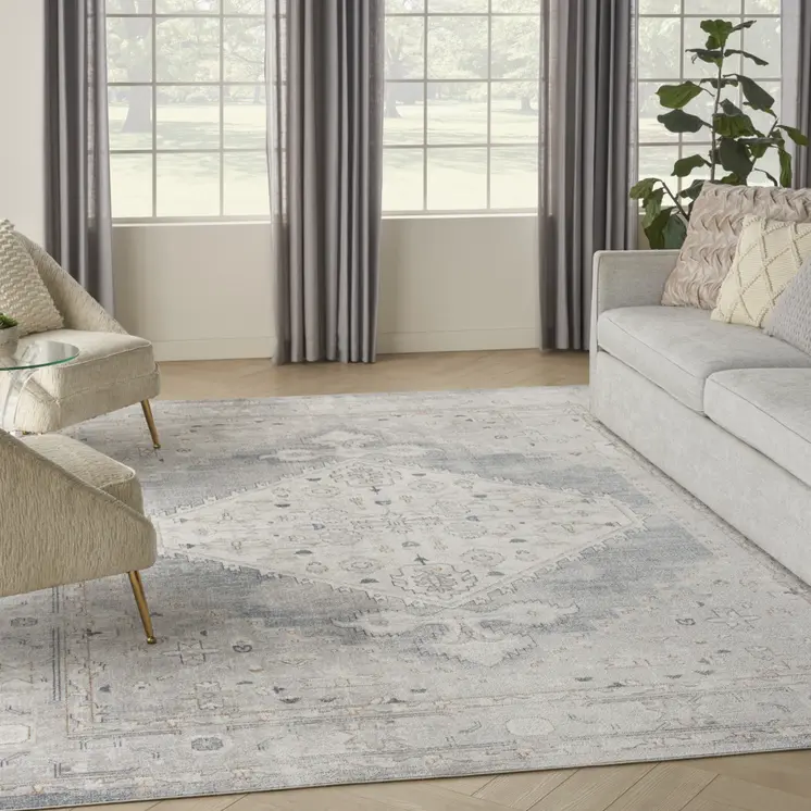 8' X 10' Light Blue Oriental Power Loom Distressed Washable Area Rug