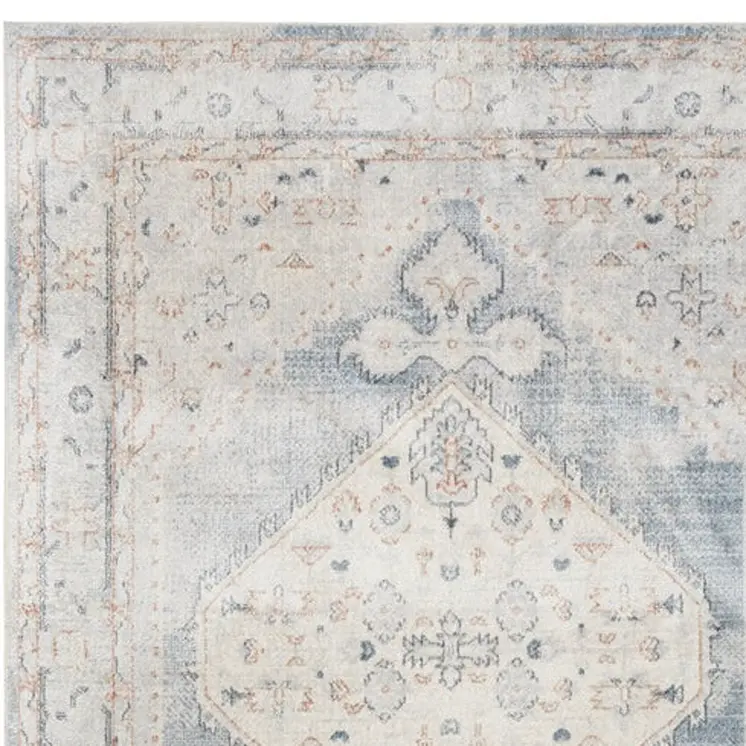 8' Light Blue Oriental Power Loom Distressed Washable Runner Rug