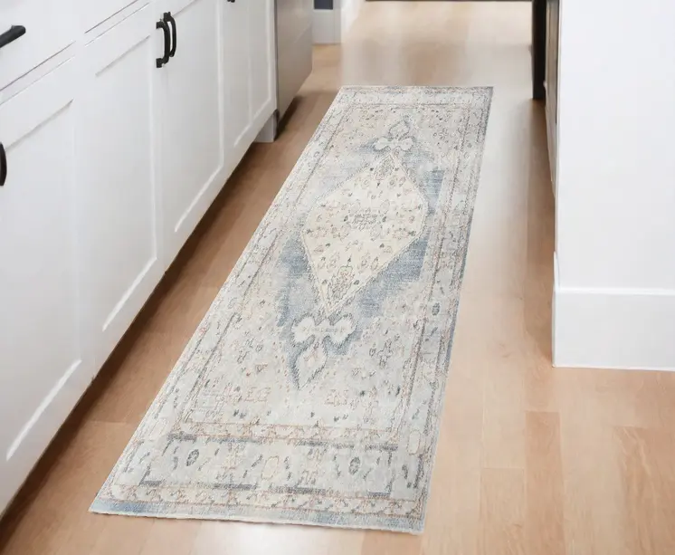 8' Light Blue Oriental Power Loom Distressed Washable Runner Rug
