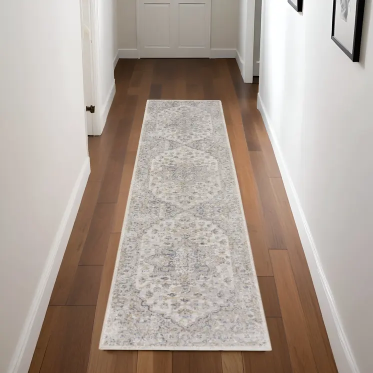 8' Gray And Ivory Oriental Washable Runner Rug