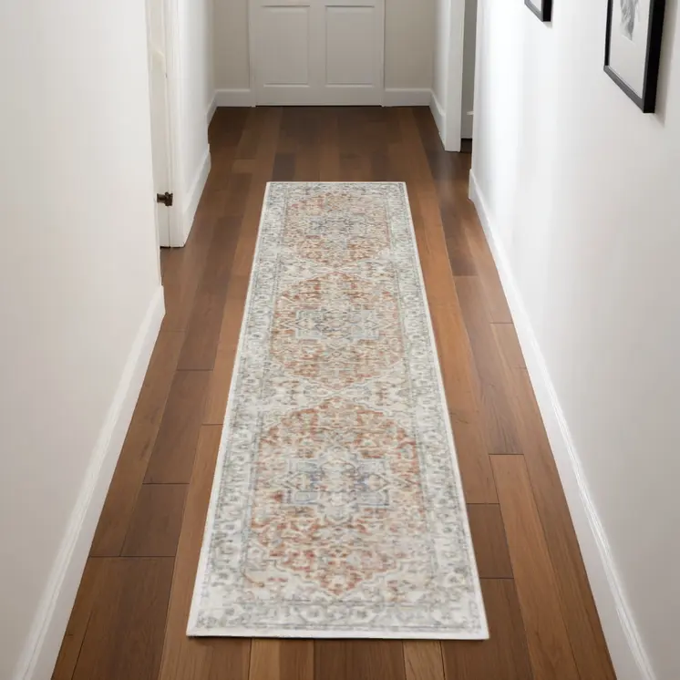 8' Rust And Off White Oriental Washable Runner Rug