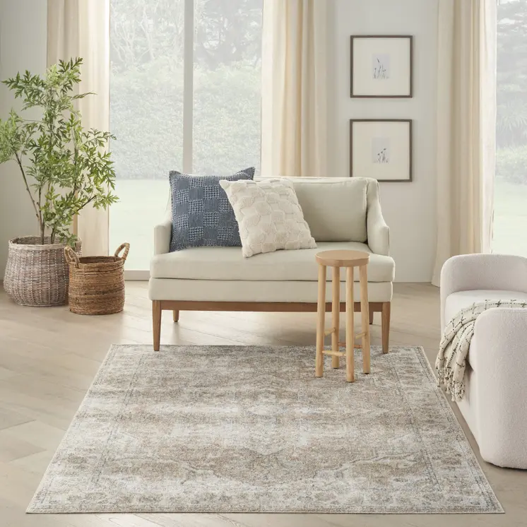 7' X 9' Beige Oriental Power Loom Washable Area Rug