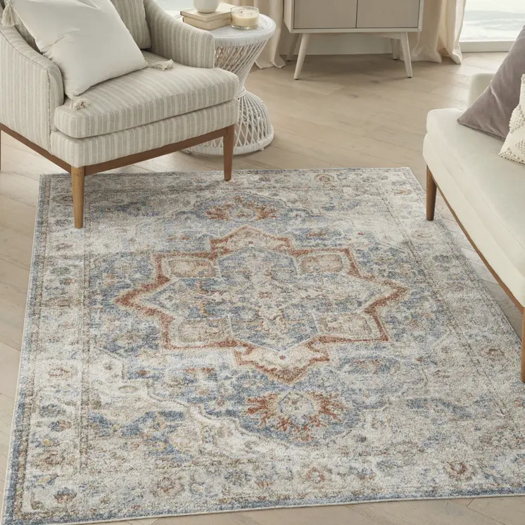 5' X 7' Denim Blue Oriental Power Loom Washable Area Rug
