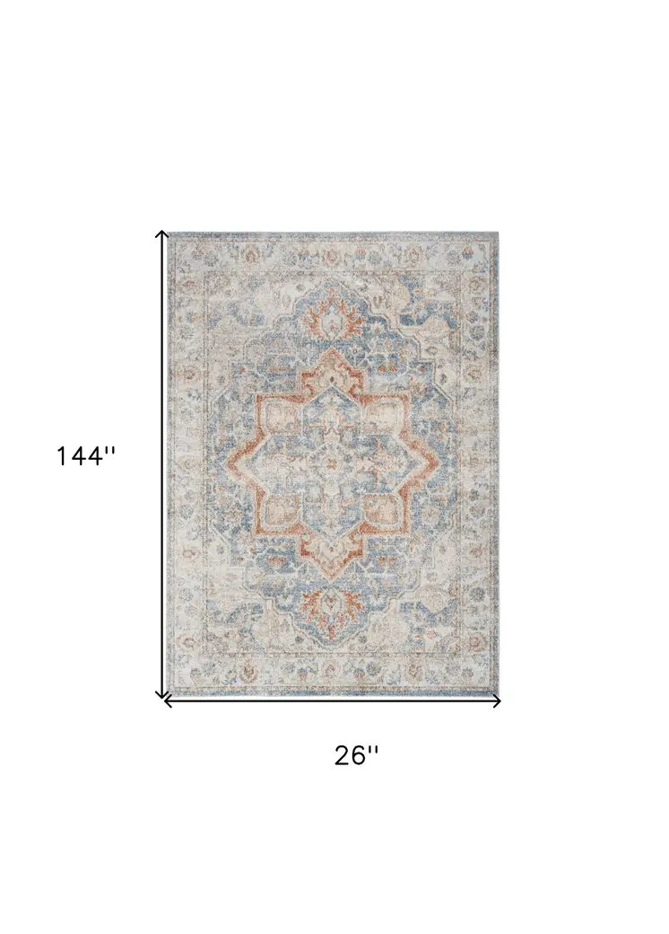 12' Denim Blue Oriental Power Loom Washable Runner Rug