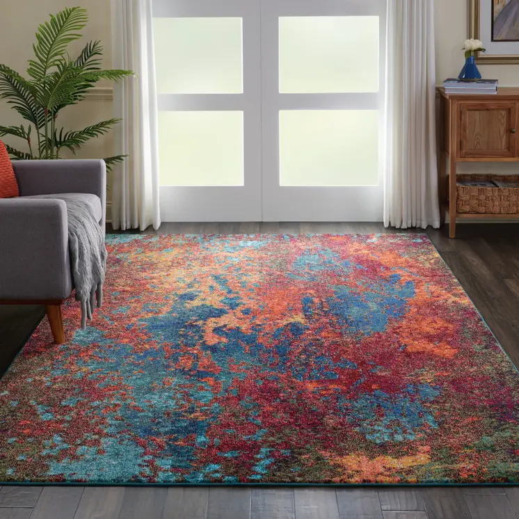 8' X 11' Blue and Orange Abstract Power Loom Area Rug