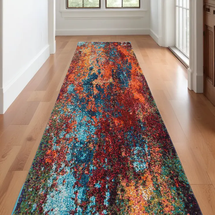 12' Blue And Orange Abstract Runner Rug