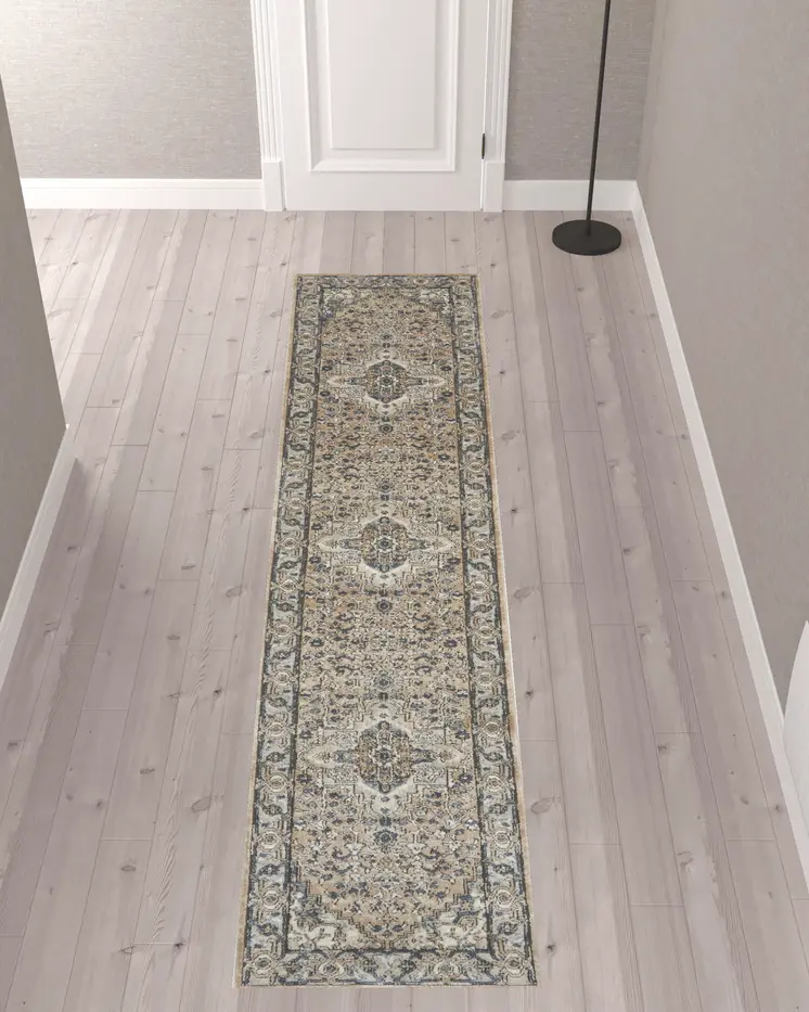 10' Gray and Ivory Medallion Power Loom Runner Rug
