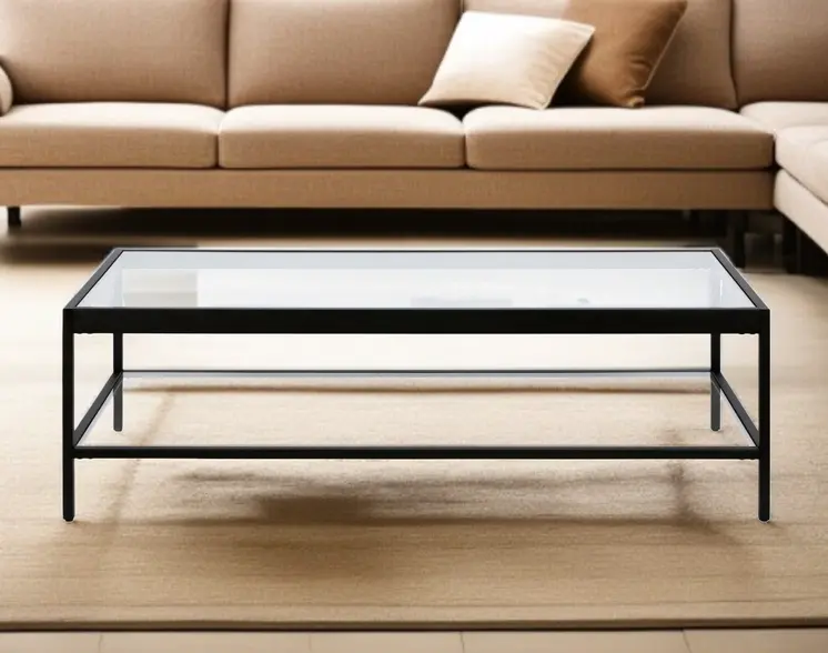 54" Clear And Black Glass And Steel Coffee Table With Shelf