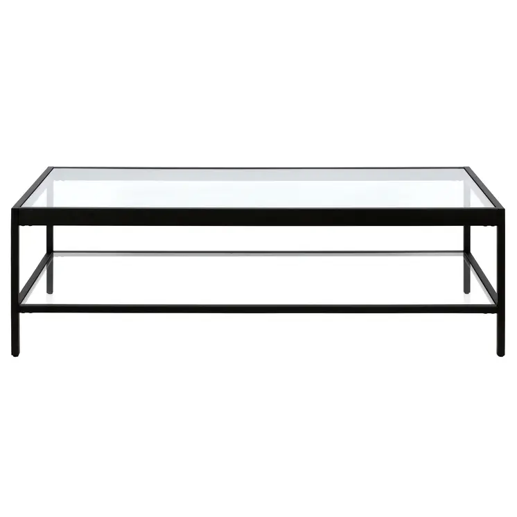 54" Clear And Black Glass And Steel Coffee Table With Shelf