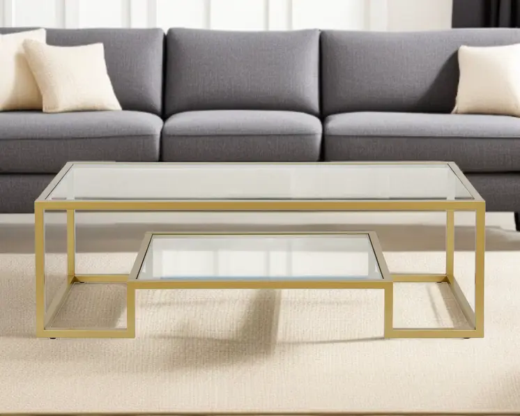 54" Clear And Gold Glass And Steel Coffee Table With Shelf