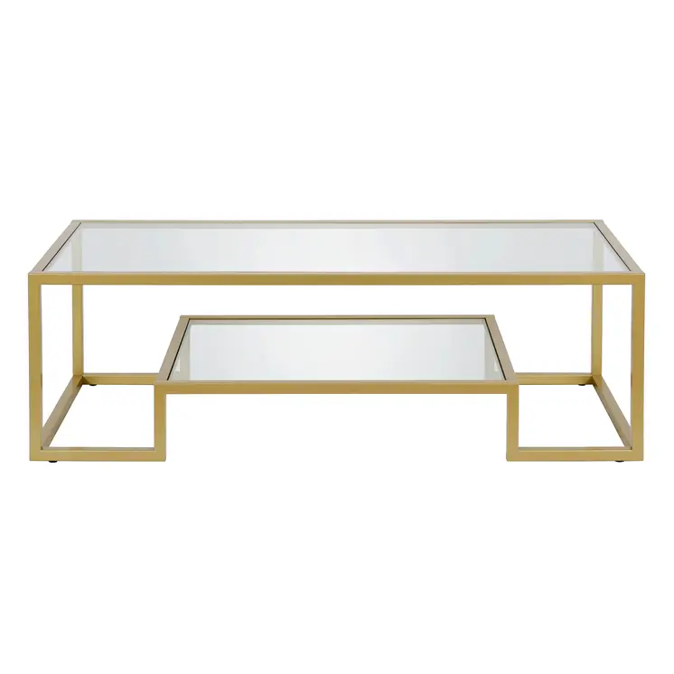 54" Clear And Gold Glass And Steel Coffee Table With Shelf