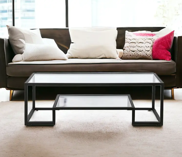 54" Black Glass And Steel Coffee Table With Shelf