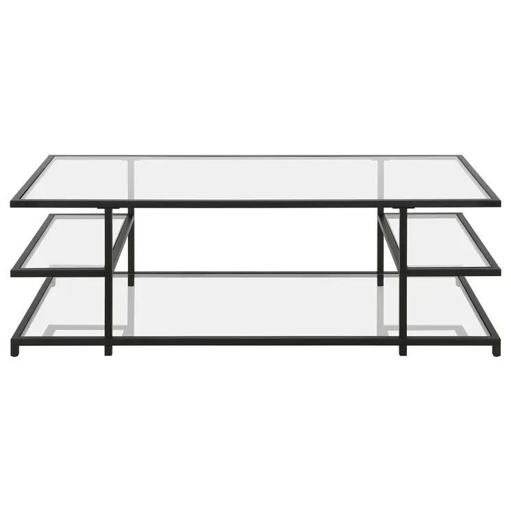 54" Black Glass And Steel Coffee Table With Three Shelves