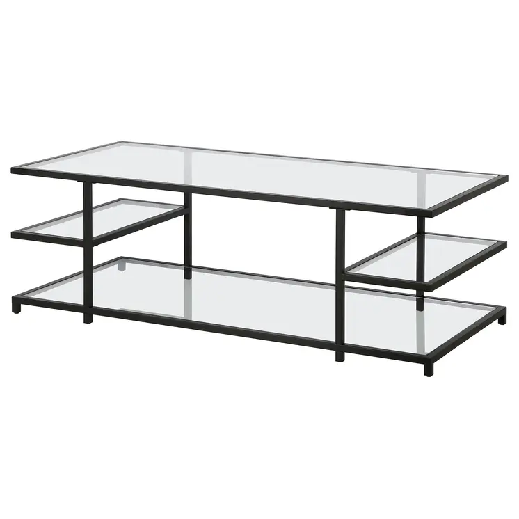 54" Black Glass And Steel Coffee Table With Three Shelves