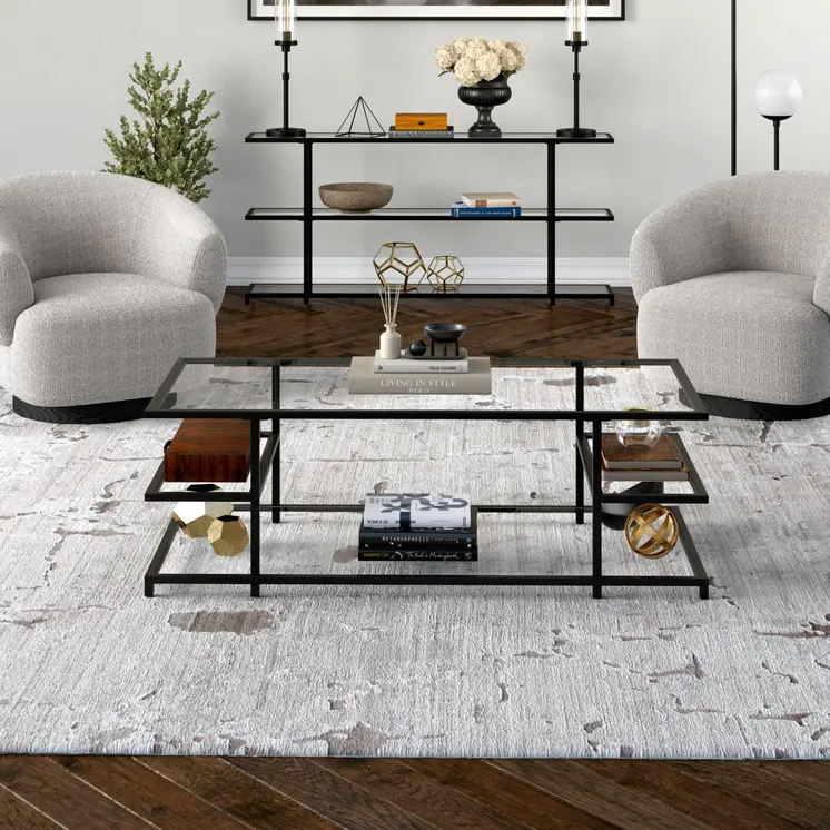 54" Black Glass And Steel Coffee Table With Three Shelves