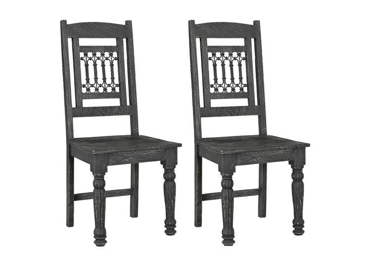 Set of Two Black Wood Slat Back Dining Side Chairs