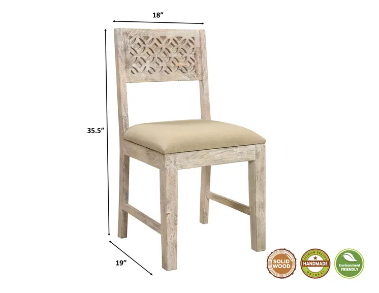 Set of Two Brown And White Upholstered Fabric Carved Back Dining Side Chairs