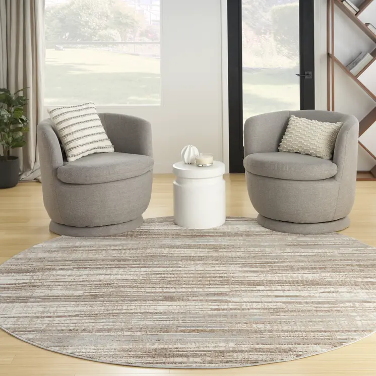 8' Brown Round Abstract Power Loom Area Rug