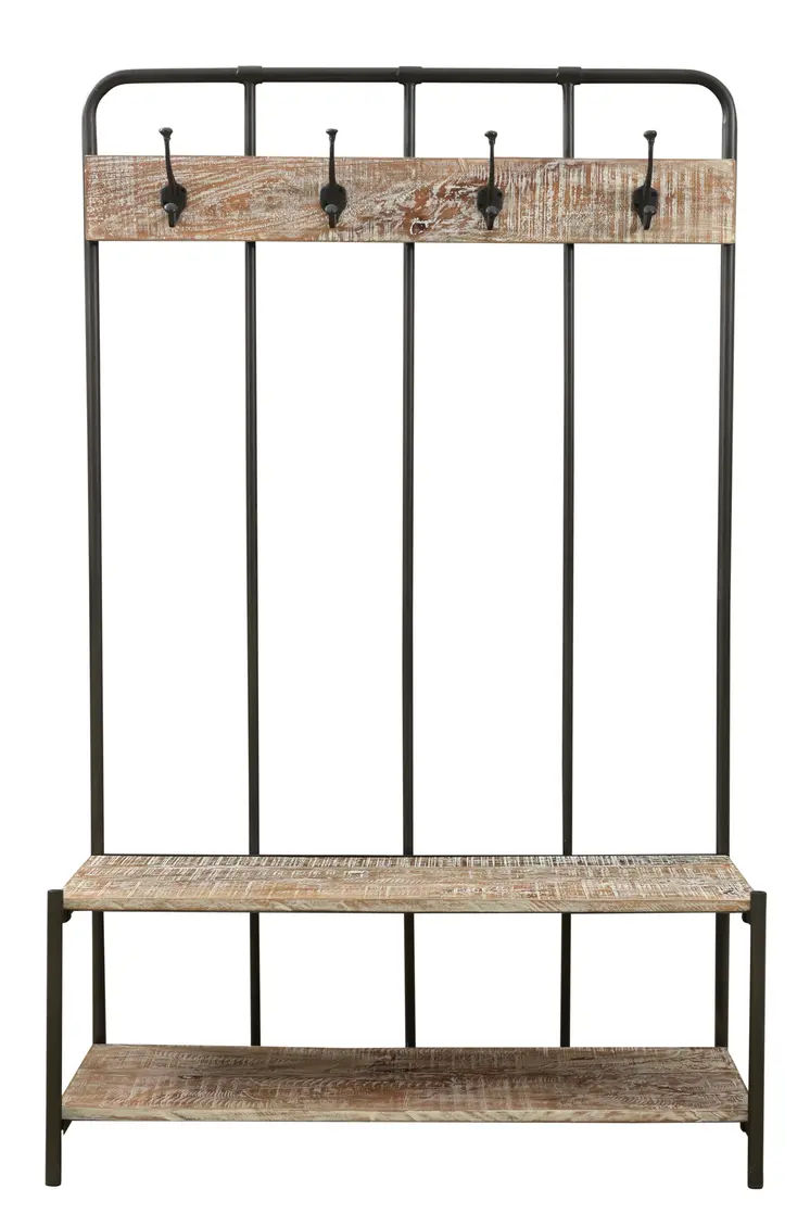 71" Black And Brown Metal And Solid Wood Four Hooks Freestanding Coat Rack