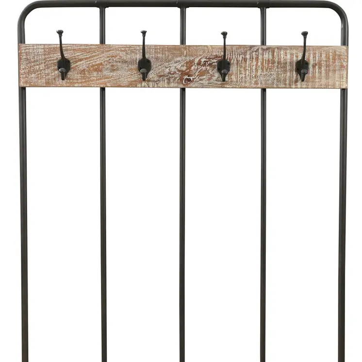 71" Black And Brown Metal And Solid Wood Four Hooks Freestanding Coat Rack