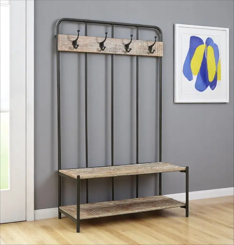71" Black And Brown Metal And Solid Wood Four Hooks Freestanding Coat Rack