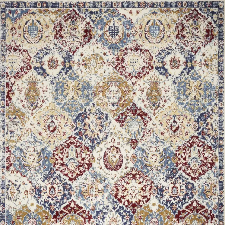 7' X 10' Navy Blue Damask Power Loom Distressed Area Rug