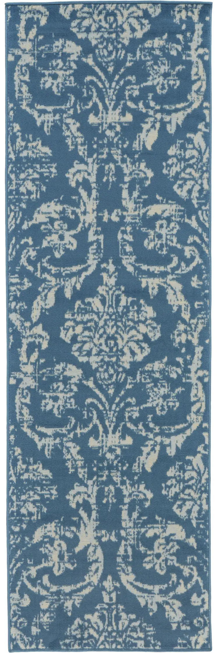 7' Blue Damask Power Loom Runner Rug