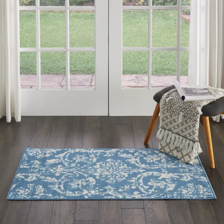 2' X 4' Blue Damask Power Loom Area Rug