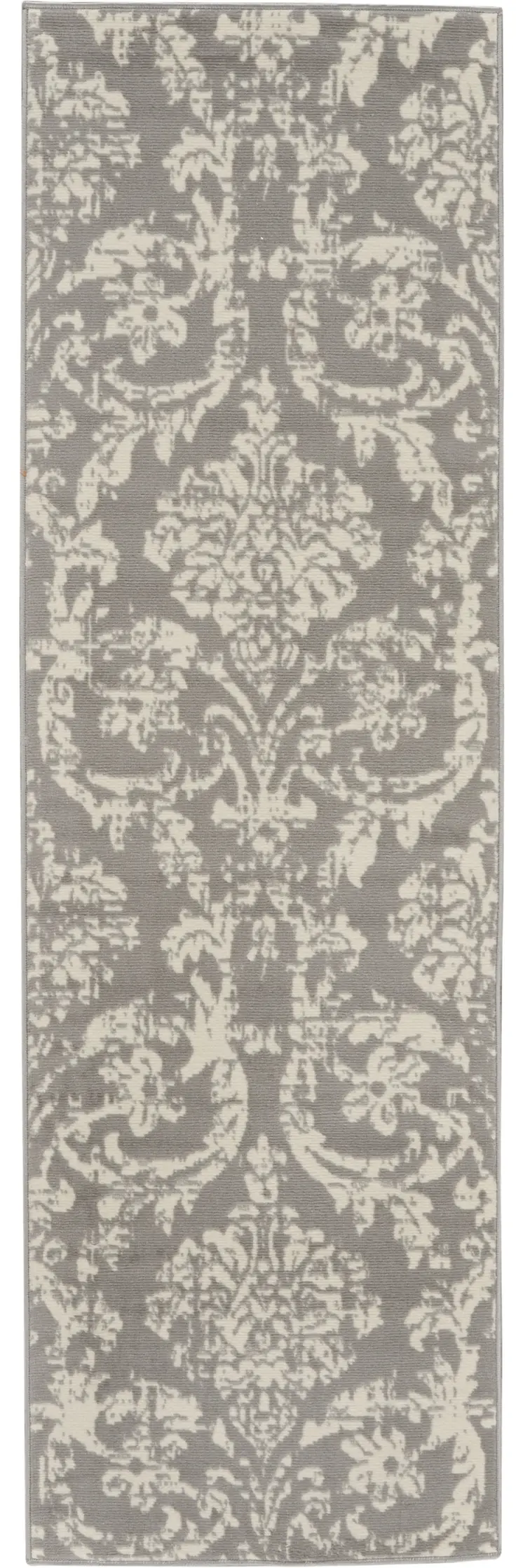 7' Gray Damask Power Loom Runner Rug