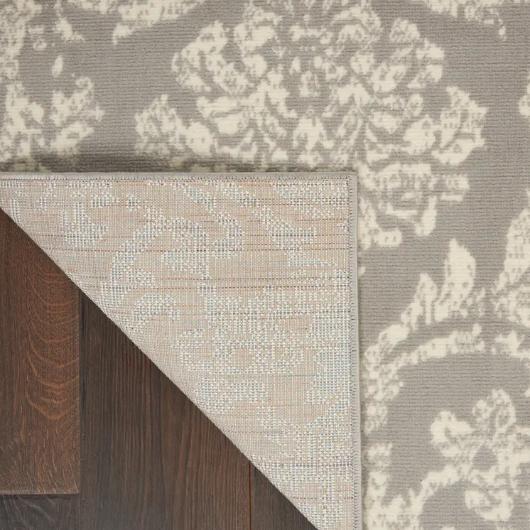 6' X 9' Gray and Ivory Damask Power Loom Distressed Area Rug