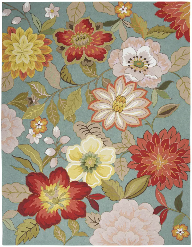 8' X 11' Green Floral Hand Hooked Area Rug