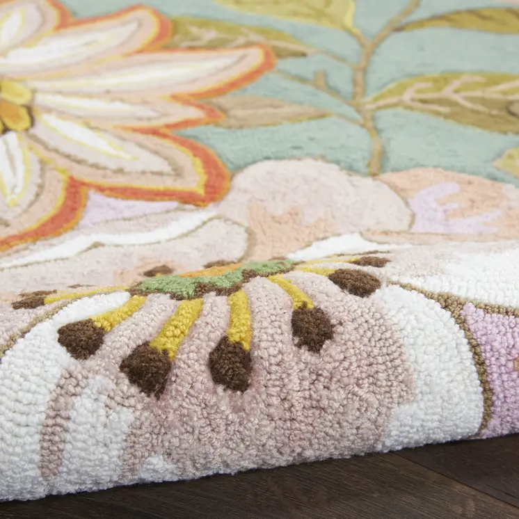 8' X 11' Green Floral Hand Hooked Area Rug