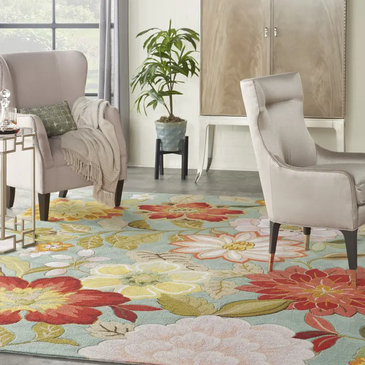 8' X 11' Green Floral Hand Hooked Area Rug