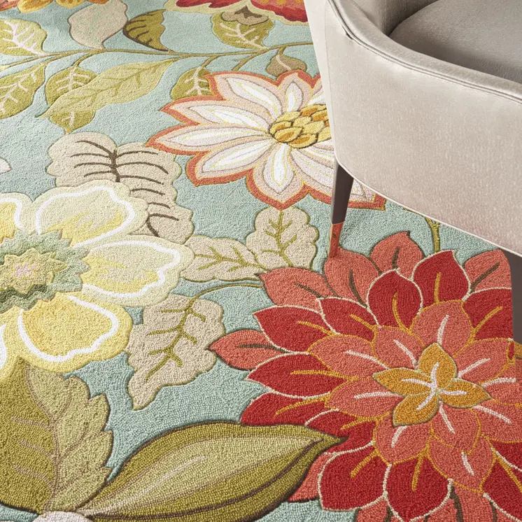 8' X 11' Green Floral Hand Hooked Area Rug