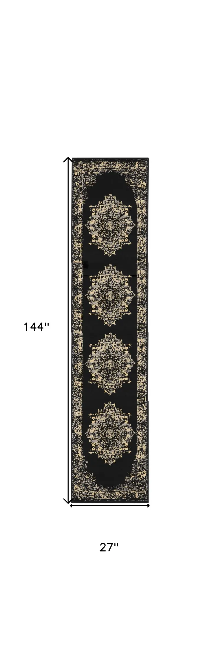 12' Black And Ivory Damask Runner Rug
