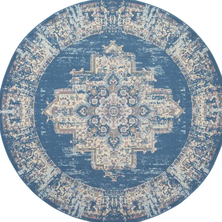 8' Blue Round Damask Power Loom Area Rug