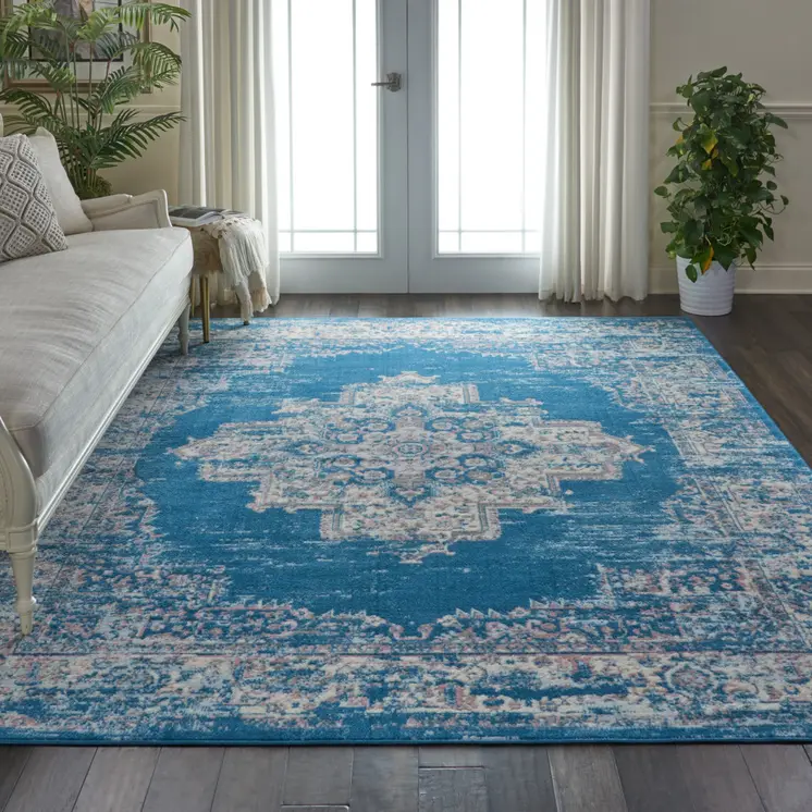 8' X 10' Blue Damask Power Loom Area Rug
