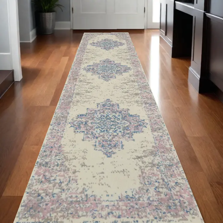 12' Pink And Ivory Medallion Runner Rug