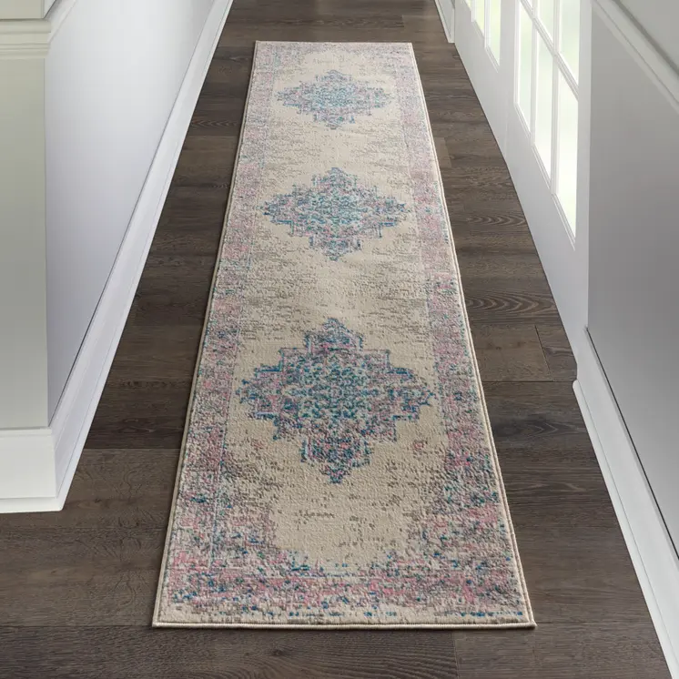10' Pink And Ivory Medallion Runner Rug