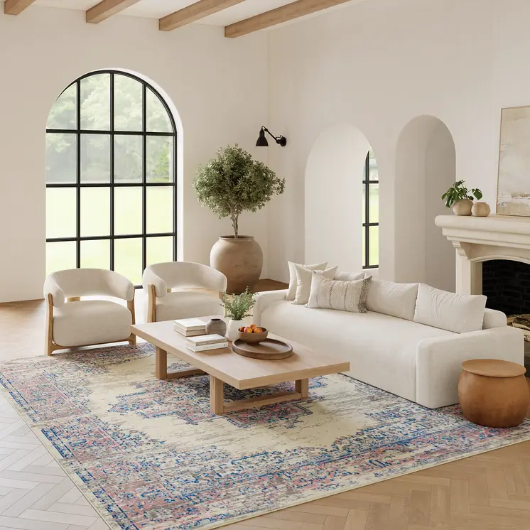 6' X 9' Ivory Pink And Blue Medallion Area Rug