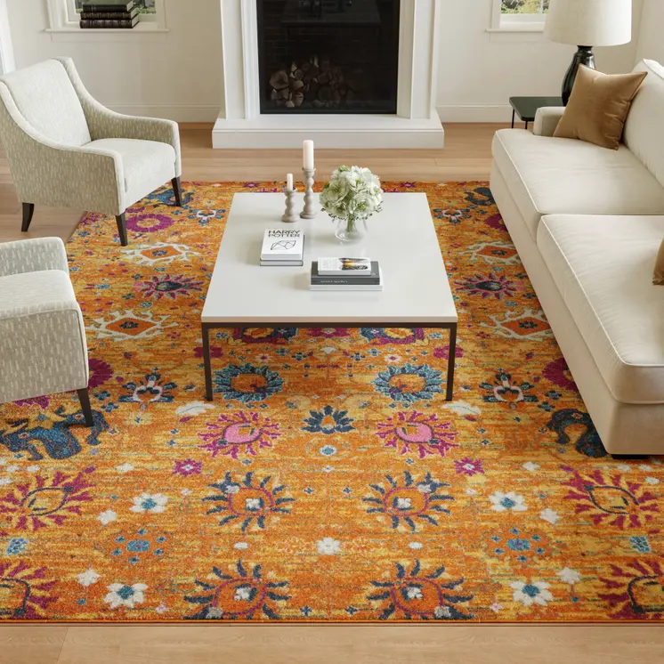 9' X 12' Gold Floral Power Loom Area Rug
